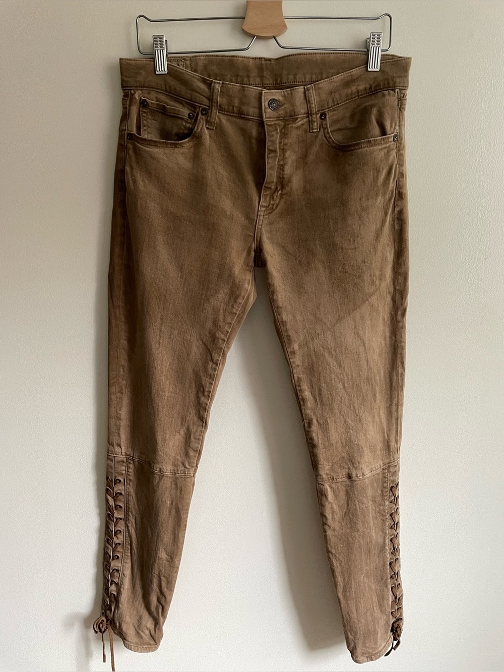 Polo Ralph Lauren Tompkins Skinny Lace-Up Ankle Jeans Tan Size 29